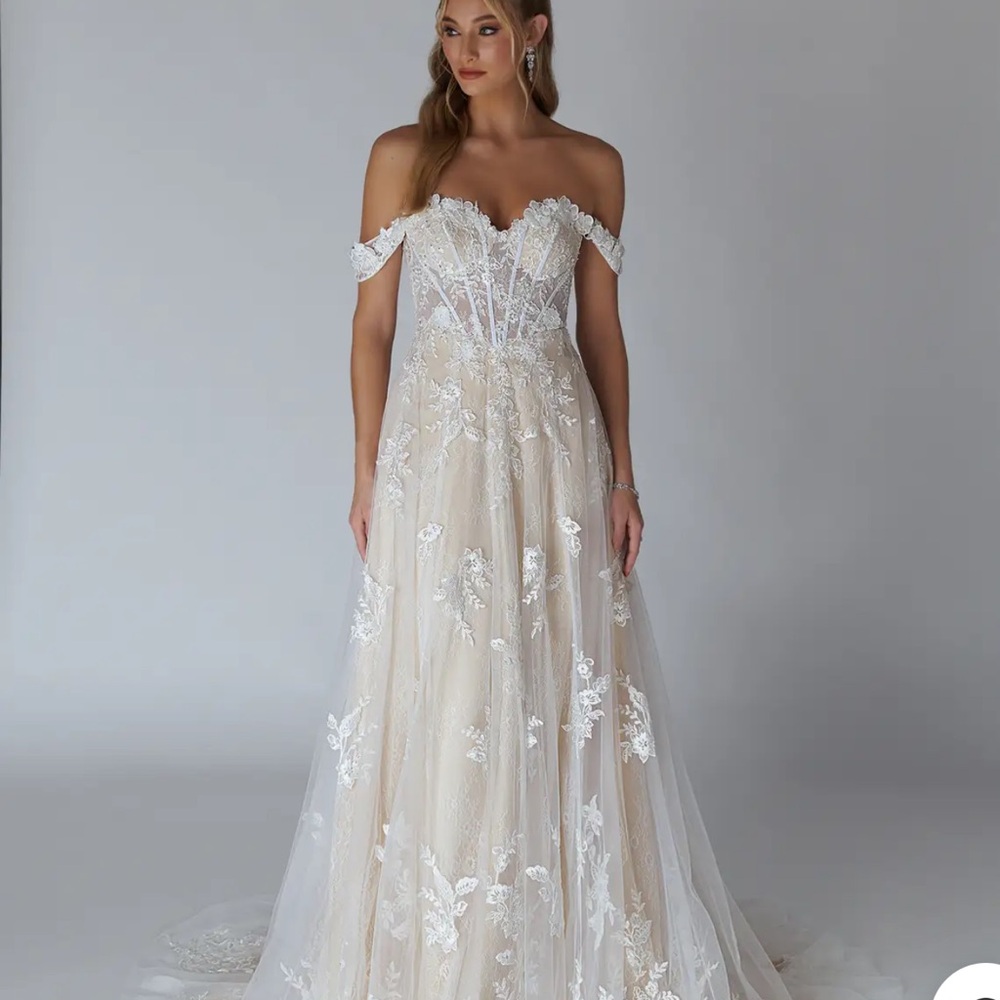 Azazie Off-Shoulder Lace Wedding Dress - White and Cream
